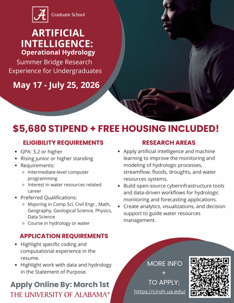 Flyer for the Artificial Intelligence: Operational Hydrology Summer Bridge Research Experience for Undergraduates at The University of Alabama, May 17–July 24, 2026. Offers $5,680 stipend and free housing. Research focuses on AI and machine learning for hydrologic process monitoring, open-source workflows, and decision support for water resources. Eligibility: GPA 3.2 or higher, programming experience, interest in water resources, and majors in computer science, engineering, math, or related fields. Application deadline: March 1. Includes UA logo and QR code.